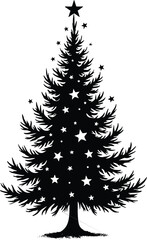 Decorative Christmas Tree Silhouette Black and White with Stars and Solid Black