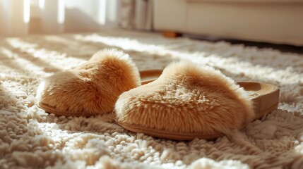female luxury fur slippers on the carpet