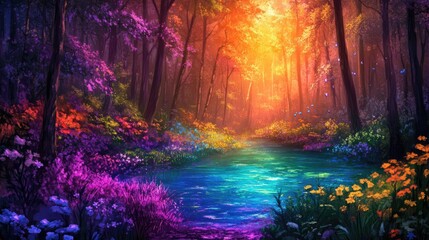 Obraz premium Beautiful, wonderful forest with colorful trees and flowers, glowing water stream