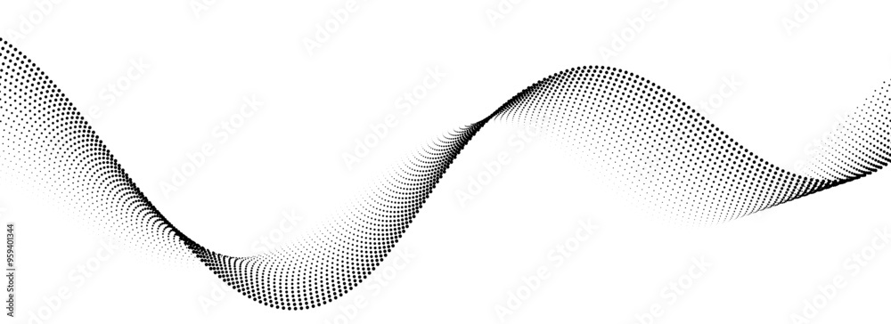 Aufkleber Dotted wavy line pattern. Black halftone undulate background. Abstract particle flow wave wallpaper. Curved dashed gradient net element for poser, banner design, presentation, booklet, flyer. Vector