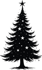 Decorative Christmas Tree Silhouette Black and White with Stars and Solid Black