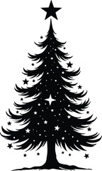 Decorative Christmas Tree Silhouette Black and White with Stars and Solid Black