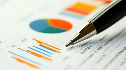 Pen on Financial Graphs and Charts Closeup