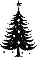 Decorative Christmas Tree Silhouette Black and White with Stars and Solid Black