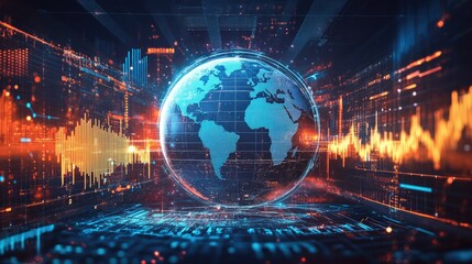 Obraz premium Earth globe surrounded by business data and charts, symbolizing the global economy and markets