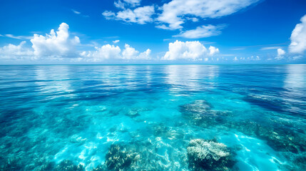 Shimmering tropical sea surface, with calm, transparent waters that reveal coral below
