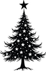 Decorative Christmas Tree Silhouette Black and White with Stars and Solid Black