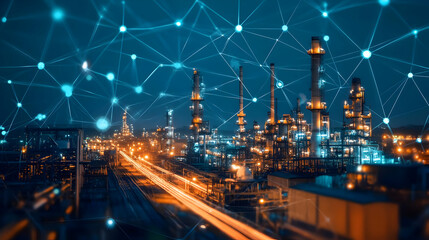 Fototapeta premium Industrial Complex Night View with Connected Network