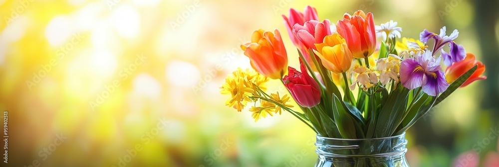 Wall mural Bright sunlight highlights a vibrant bouquet of tulips, irises, and daisies in a clear jar, creating a cheerful atmosphere. Generative AI