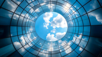 Naklejka premium Circular Glass Facade Reflecting Sky with Clouds