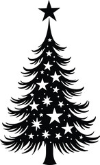 Decorative Christmas Tree Silhouette Black and White with Stars and Solid Black