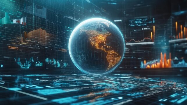 Planet Earth surrounded by holographic charts and graphs, representing global business forecasting
