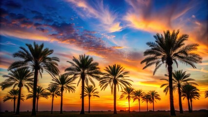 Obraz premium Palm and date palm trees silhouetted against a colorful sunset sky in Jeddah, Saudi Arabia, sunset, palm trees