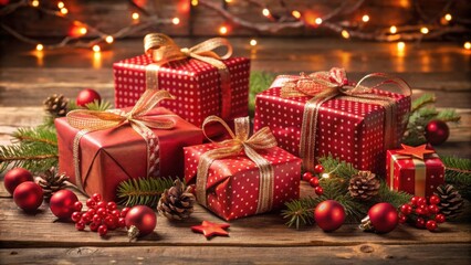 Still life arrangement of beautifully wrapped red gifts surrounded by festive decorations, gifts, presents, Christmas