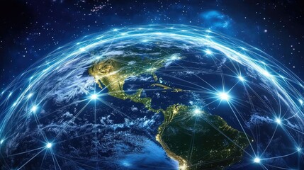 Obraz premium Planet Earth with network lines connecting continents, symbolizing worldwide business collaboration