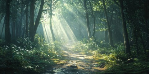 Obraz premium Sunbeams illuminate a path through a lush green forest, creating a magical atmosphere.