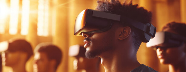 Immersive learning experience with students using virtual reality headsets in classroom setting.