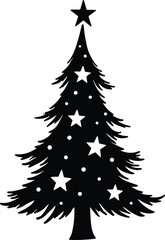 Decorative Christmas Tree Silhouette Black and White with Stars and Solid Black