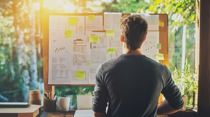 Man Looking at a Whiteboard with Sticky Notes in an Office