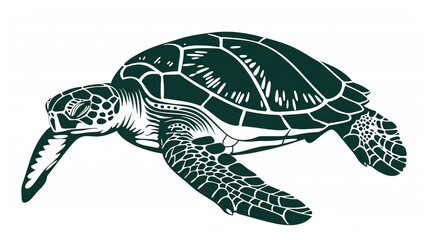 Fototapeta premium Isolated black outline monochrome sea green turtle on white background