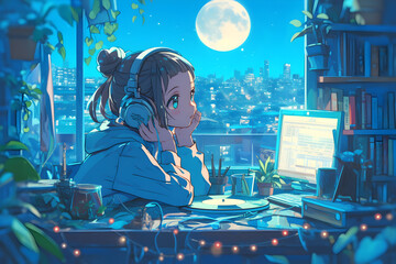 Girl Listening to Music on Vinyl Records in a Cozy Room with Fairy Lights. Anime style, Cozy vibes