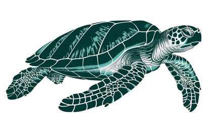 Fototapeta premium Isolated black outline monochrome sea green turtle on white background