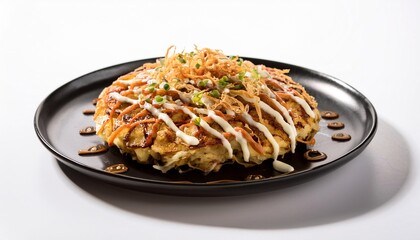 Fototapeta premium Okonomiyaki on black plate with white background isolated