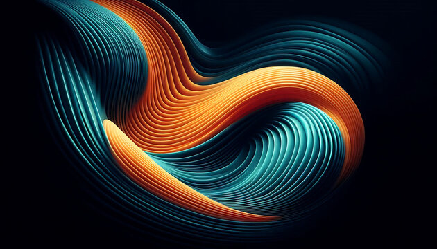 Abstract digital illustration featuring smooth flowing curves in vibrant hues of orange and teal against a dark background