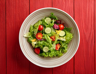 top view of a salad bowl on a wooden table