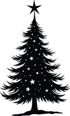 Decorative Christmas Tree Silhouette Black and White with Stars and Solid Black