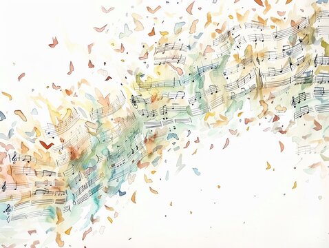 Watercolor of Christian hymn sheets fluttering in a gentle breeze music notes and lyrics visible