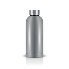 Vector Realistic 3D Steel Blank Glossy Reusable Water Bottle with Silver Bung Closeup Isolated. Design Template of Packaging Mockup. Front View