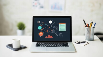 Laptop Computer on White Desk with Office Supplies