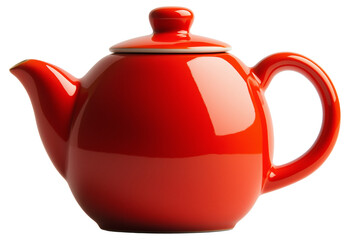 Bright red ceramic teapot with a lid isolated on transparent background.