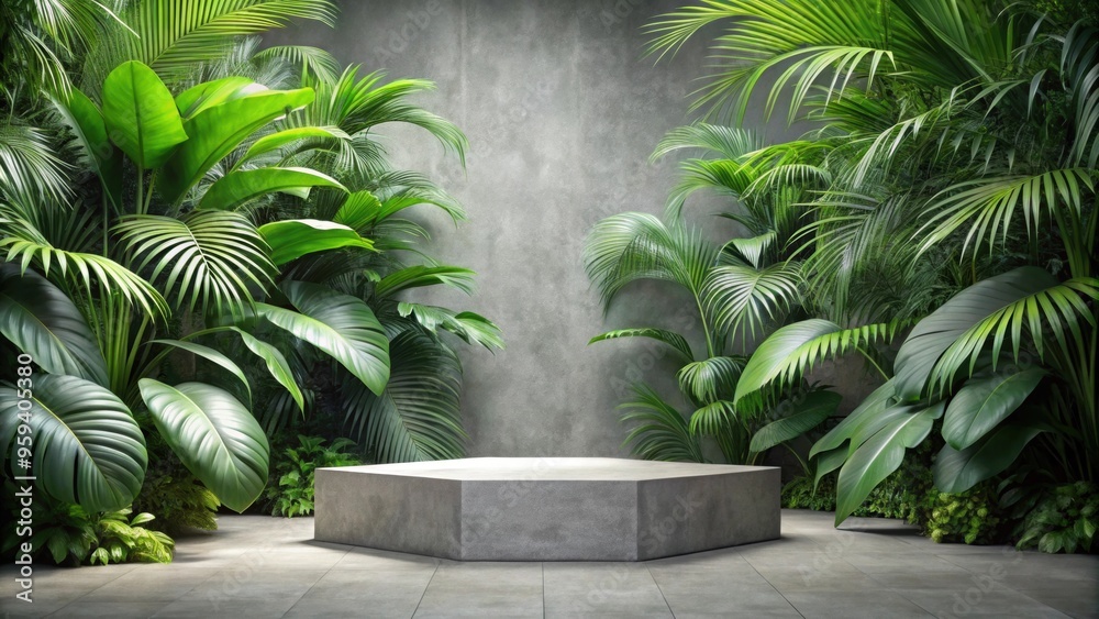 Wall mural Concrete stone podium surrounded by lush tropical foliage , foliage, tropical, greenery, background, stone, pedestal, platform