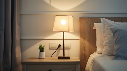 fragment of bedroom with empty bedside table turn on reading lamp and a socket in modern interiora?' design home or hotel