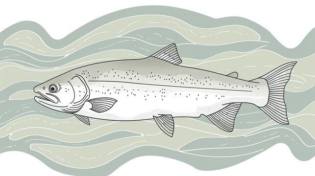 salmon swimming in water, grayscale style clip art preview