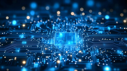 Futuristic Circuit Board with Glowing Lights and Lines