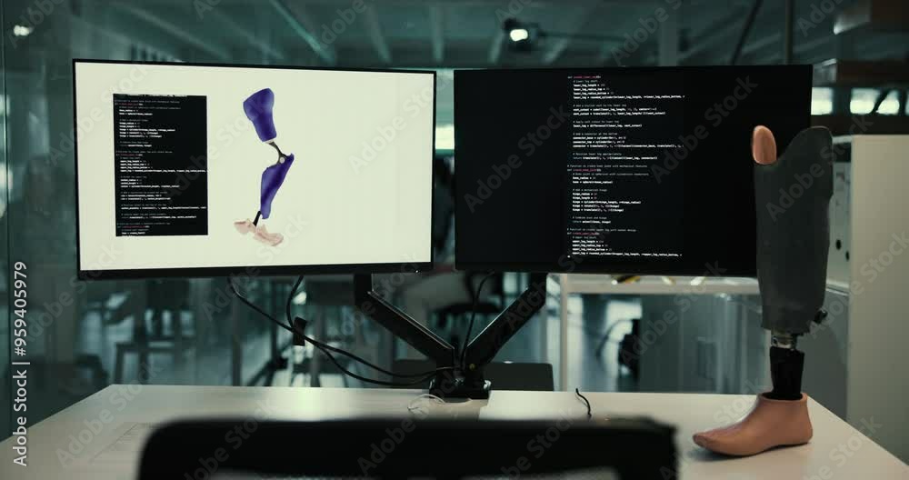 Aufkleber Computer screen, code and programming at desk in laboratory, machine learning and prosthetic design. Bionic limb, pc and ux for science, mobility aid and futuristic engineering project for anatomy