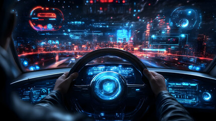 Fototapeta premium Futuristic Car Interior with Holographic Display and Night City View