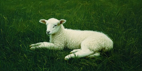 Obraz premium lamb resting in green pastures 
