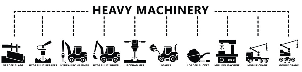 Heavy equipment glyph icon set, contain grader, excavator, bulldozer, crane, loader, jackhammer and more. vector EPS 10. use for UI, UX, app and web constructions development. 