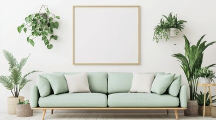 Modern Living Room Interior with Green Sofa  Plants  and Blank Canvas