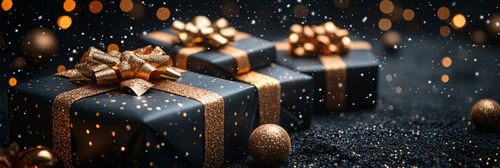 Black Christmas boxes with golden ribbon on black background with copy space for text, for holiday promotions and sales
