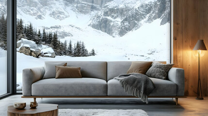 Cozy Living Room with Mountain View and Wooden Walls