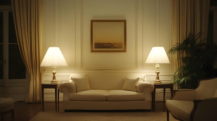 Cozy Living Room Interior with Sofa Lamps and Artwork