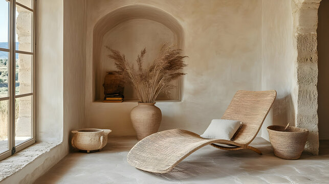 Rustic Mediterranean Interior Design with Lounge Chair and Window View