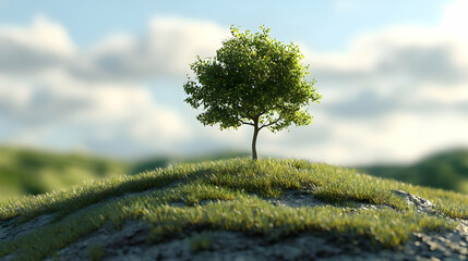 Fototapeta premium Single Tree on Grassy Hill with Cloudy Sky