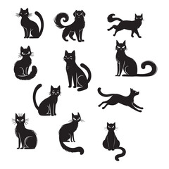set of black cats silhouettes on white	
