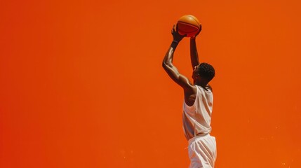 A basketball player in white tank top and shorts prepares to shoot a basketball in front of an orange background.